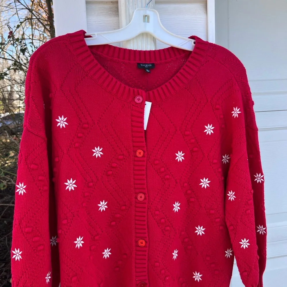 NWT Talbots Gorgeous Red Argyle Weave White Embroidered Flowers Cardigan